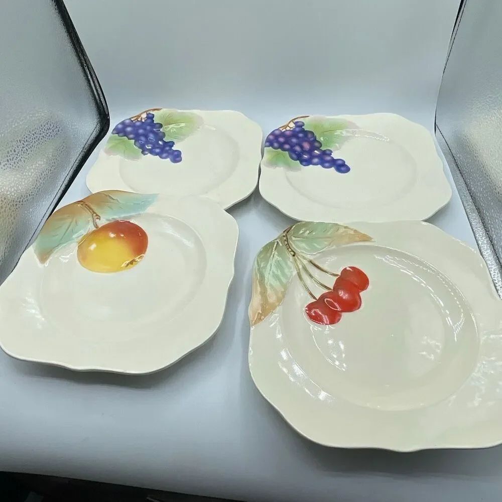 Vintage Czechoslovakia hand painted fruit decor square salad plates dinner plate